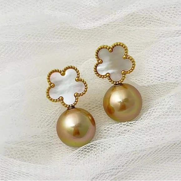 Anthropologie Jewelry - Alhambra Mother Of Pearl Clover 18K Gold Stainless Steel Waterproof Earrings